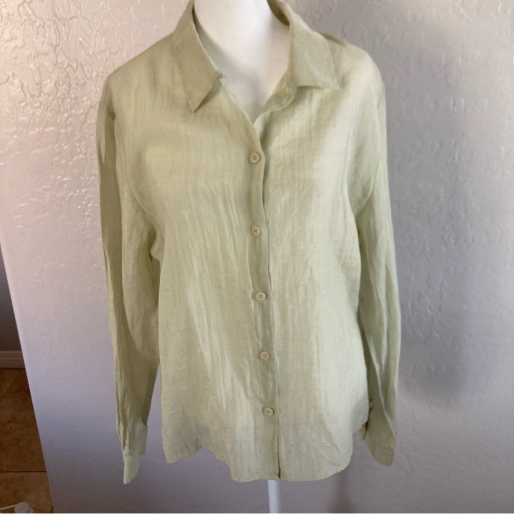 Casual Corner Soft Green Sheer Button-Down Shirt